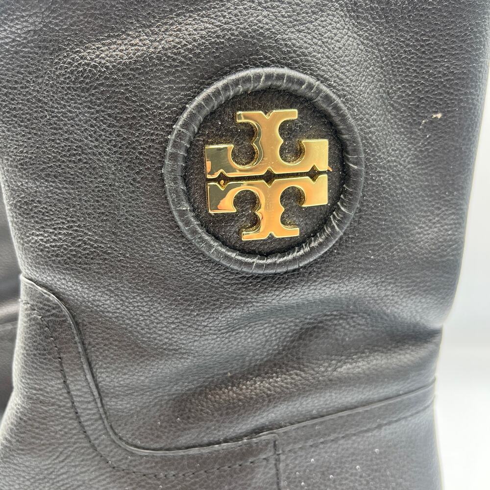 Tory Burch Hallie Mid Shaft Leather Moto Riding Boots Booties Black Size 6.5M - Picture 6 of 9